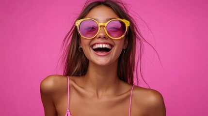 Radiant woman in stylish sunglasses beams with joy and confidence 