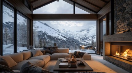 Poster - Cozy Living Room with Mountain View and Fireplace