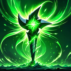 A mystical green staff radiating energy and power.