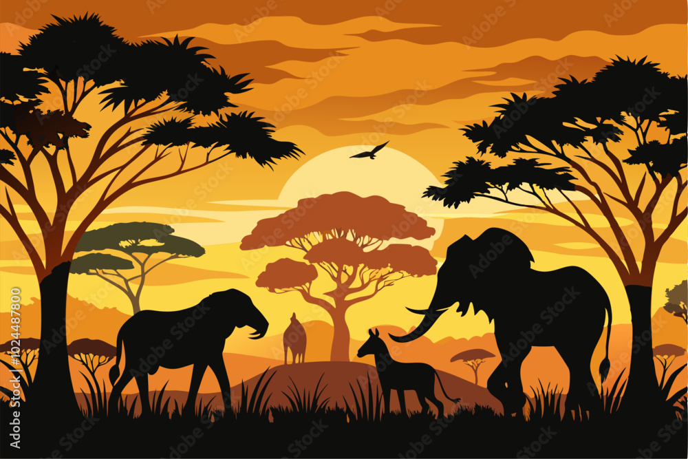 Silhouette of animals in the savannah. African landscape scene. Vector ...