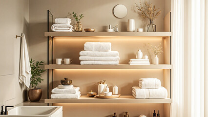 Modern Bathroom Shelves with White Towels and Decorative Items