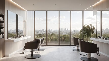 Poster - Modern Hair Salon Interior with City View and Barber Chairs