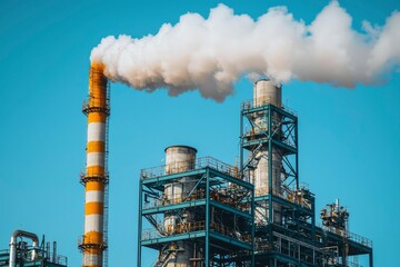 Industrial Smokestacks and Plumes Against a Clear Blue Sky