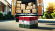 © Александр Бердюгин - A delivery van loaded with packages, featuring a box wrapped in the Hungary flag. Symbolizes shipping, logistics, and global commerce