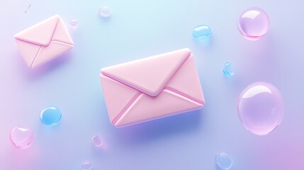 Playful pink envelope with letter and bubbles on blue background