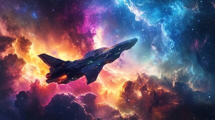 Wall Mural - a lone spaceship soars through a breathtaking nebula.