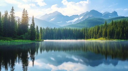 Wall Mural - A serene lake with a forest and mountains in the background, reflecting the sky and clouds.