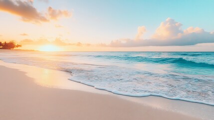 Wall Mural - A picturesque beach with white sand and turquoise waves at sunset.