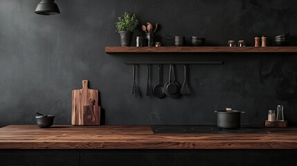 Kitchen interior with black walls, wooden countertops and wooden shelves with cooking utensils