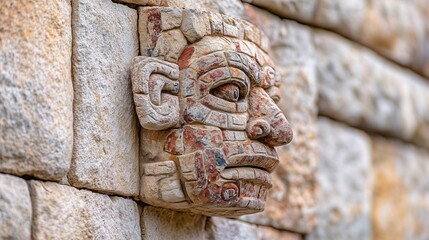 Close-up of an ancient stone face sculpture with intricate details, historical artifact