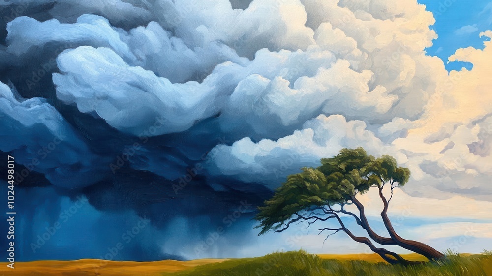 Dramatic sky with stormy clouds over a lone tree in an open field ...