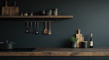 Kitchen interior with black walls, wooden countertops and wooden shelves with cooking utensils