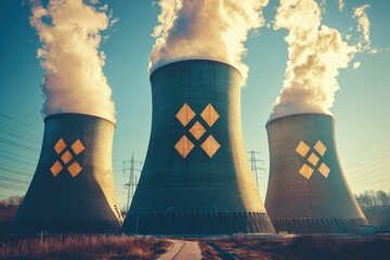 Three Cooling Towers at a Nuclear Power Plant with Steam Rising