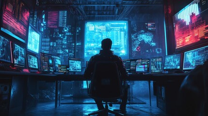 hacker working at their computer in a dark room full of screens displaying data and code.