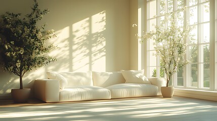 A spacious living room with a large window, a white sofa, and two potted plants.  The sun shines through the window, creating shadows on the wall and floor.