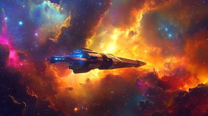 Wall Mural - a futuristic spaceship travels through a vibrant nebula.