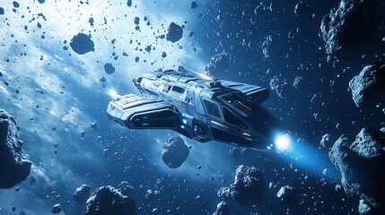 Wall Mural - a futuristic spaceship navigates a dense asteroid field.