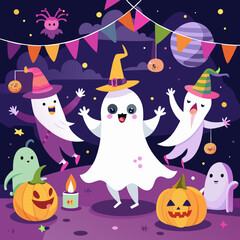 Wall Mural - Cute ghosts and pumpkins celebrate Halloween with a festive party, featuring a night sky, colorful decorations, and playful characters. This adorable illustration is perfect for seasonal projects.