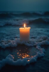 Poster - A glowing candle flickers amid turbulent waves, illuminating the dark ocean with a warm, serene light