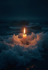 Poster - A glowing candle flickers amid turbulent waves, illuminating the dark ocean with a warm, serene light