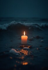 Poster - A glowing candle flickers amid turbulent waves, illuminating the dark ocean with a warm, serene light