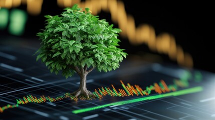 A tree symbolizes growth on a digital financial chart, merging nature and technology, AI