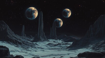 Wall Mural - A desolate alien landscape with three moons in the night sky.