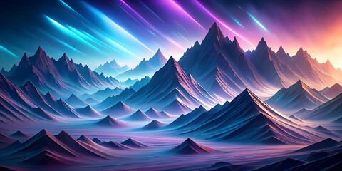 Sticker - Cosmic Mountainscape: Surreal digital art depicting a vibrant, otherworldly mountain range bathed in neon-colored cosmic rays.  A breathtaking view of fantastical landscape