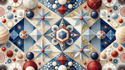 Wall Mural - Geometric Symphony: A mesmerizing digital artwork featuring a symmetrical arrangement of geometric shapes in a vibrant palette of blues, reds, and creams.