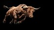 © OMD - Dynamic image of a powerful brown bull leaping with intense focus against a black background