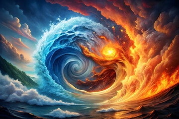 Wall Mural - Celestial Dance of Fire and Water: A mesmerizing digital artwork depicting a swirling vortex of fire and water, forming a yin-yang symbol amidst dramatic clouds and landscapes.