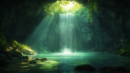 sunlight streams through a cave opening, illuminating a waterfall and a pool of water.