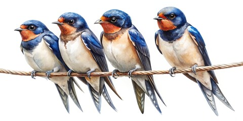 macro watercolor illustration of swallows perched on wire for migration