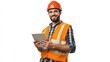 © Attasit - Smart engineer man holding a tablet and smiling at a construction site, isolated on a white background