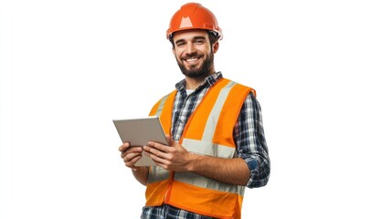 smart engineer man holding a tablet and smiling at a construction site, isolated on a white backgrou