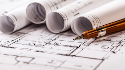 Architectural blueprint and pencil, detailed plans for construction design drafting