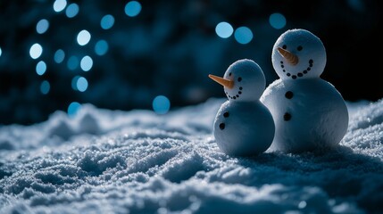 Under the night sky, a joyful snowman family stands on a snowy hill, dressed in colorful scarves.