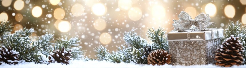 Poster - An abstract background with glowing lights and snowflakes includes silver ribbons, balls, cones, and a green Christmas tree on a snowy surface.