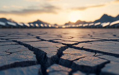 Cracked earth surface under a sunset with mountains in the background.