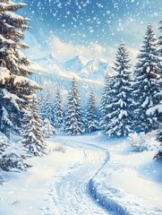 Canvas Print - The tree is covered in snow with a blurred blue background and text attached to it