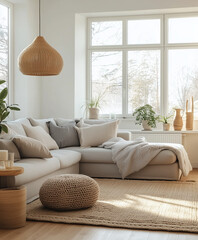 Minimalistic Living Room with Light Wood Floors and Soft Gray Sofa