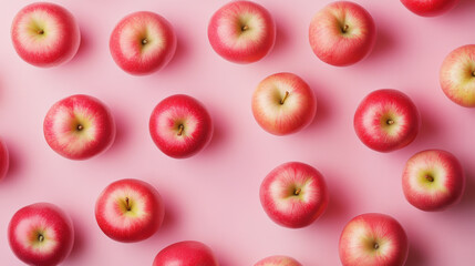 A row of red apples on a pink background