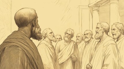 A historical sketch depicting Jeremiah standing beside the Rekabites as he explains their obedience to the priests and elders in the temple