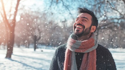 A young man marvels at the camera as he laughs and enjoys the winter outdoors.