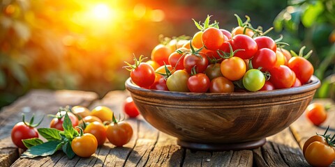 Wall Mural - A wooden bowl overflowing with a medley of ripe, sun-kissed cherry tomatoes, nestled on a weathered wooden surface, bathed in warm, golden light.