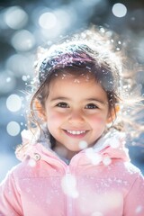 Canvas Print - On Christmas vacation, the girl wears a pink knitted hat while playing in the snow. The girl wears a knitted scarf and mittens throughout the photo.