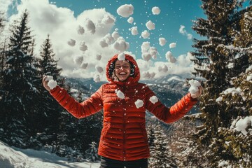 Beautiful brunette enjoying snow on a coniferous tree with the concept of joy, simplicity, and naivety of winter.