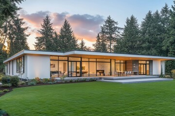 A contemporary home with a flat roof and clean lines, featuring a white exterior with wooden