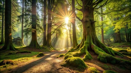 Wall Mural - Sunbeams Filtering Through a Canopy of Lush Green Foliage, Illuminating a Path Leading Through a Serene Woodland