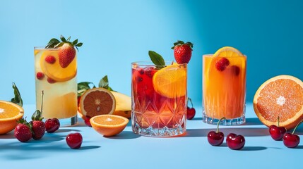 Wall Mural - Three glasses of fruit-infused water with fresh fruit slices and berries, shot on a blue background.